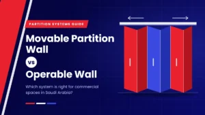 Movable partition wall vs operable wall comparison banner showing folding red and blue wall panels