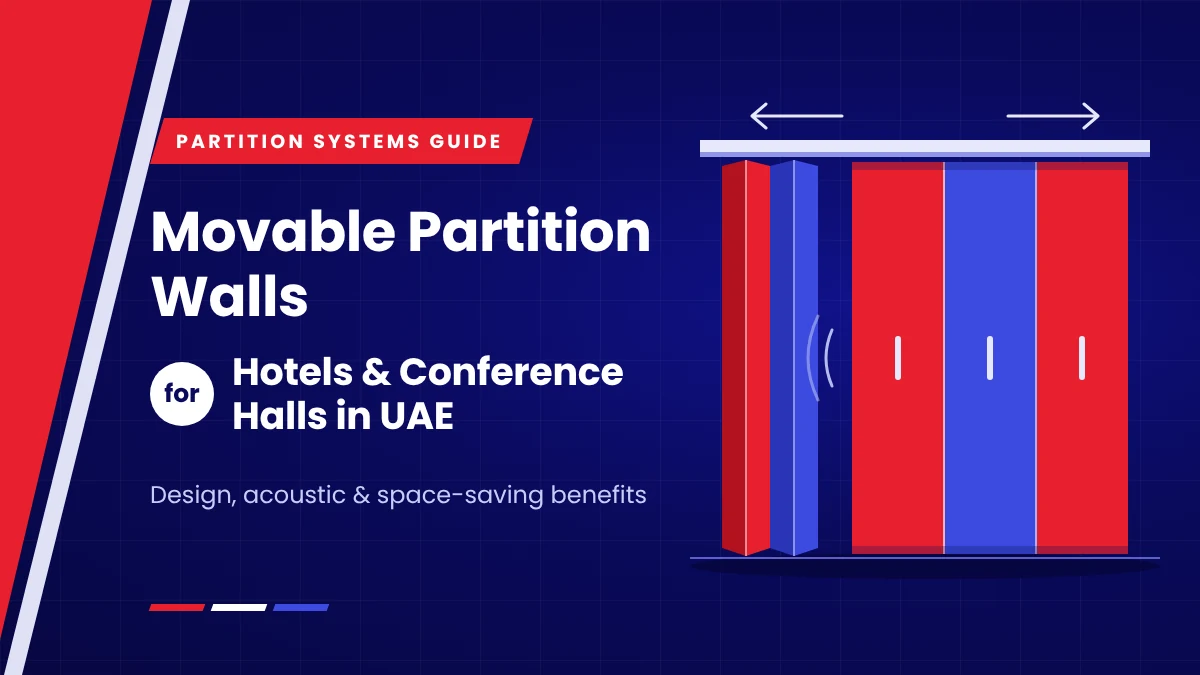 Movable partition walls for hotels and conference halls in UAE banner showing sliding red and blue wall panels on an overhead track
