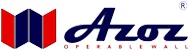 Azoz operable wall logo featuring folding red and blue partition panels